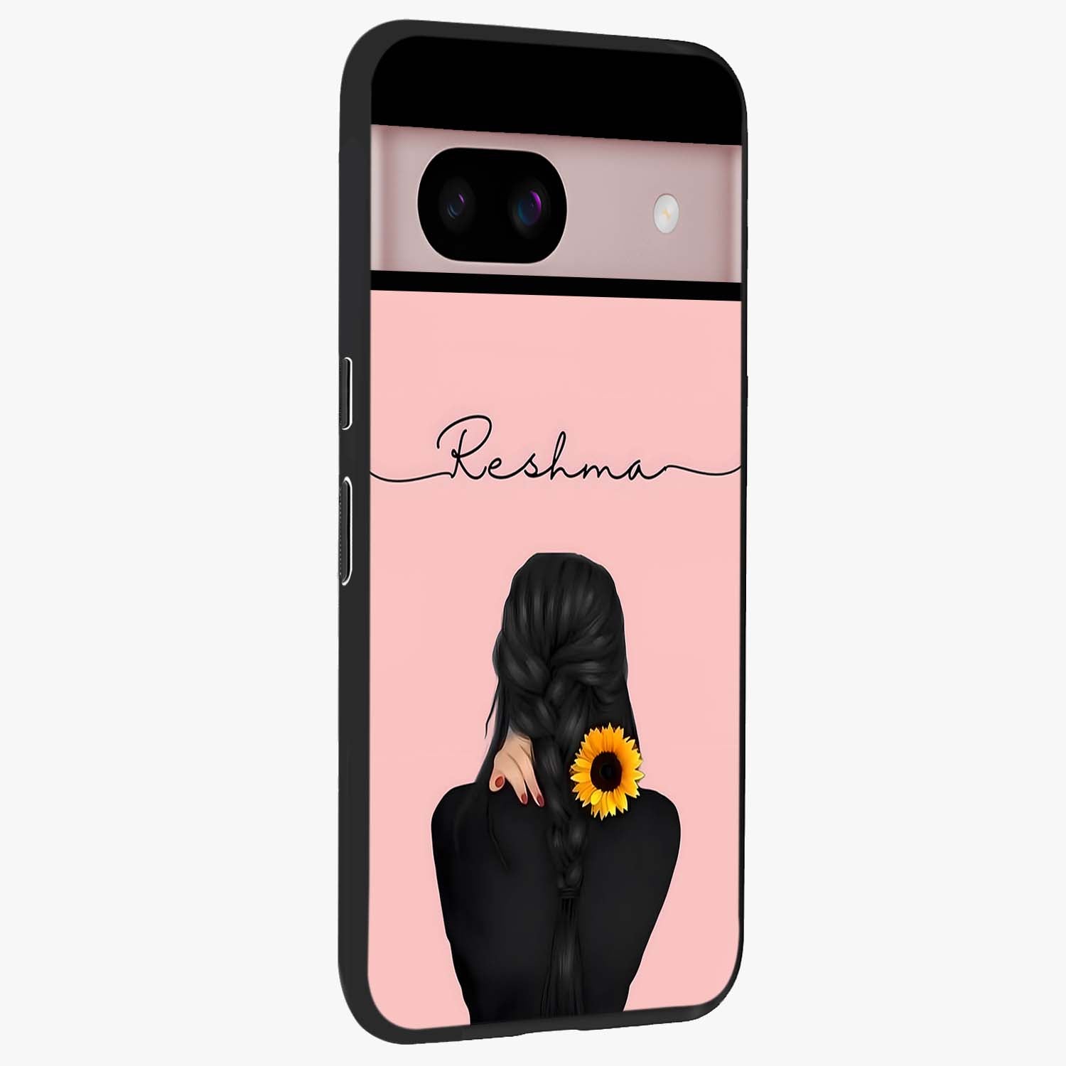 Sunflower Braid Beauty With Custom Name Glass Case upright view showcasing bright sunflower artwork with personalized floral aesthetic.