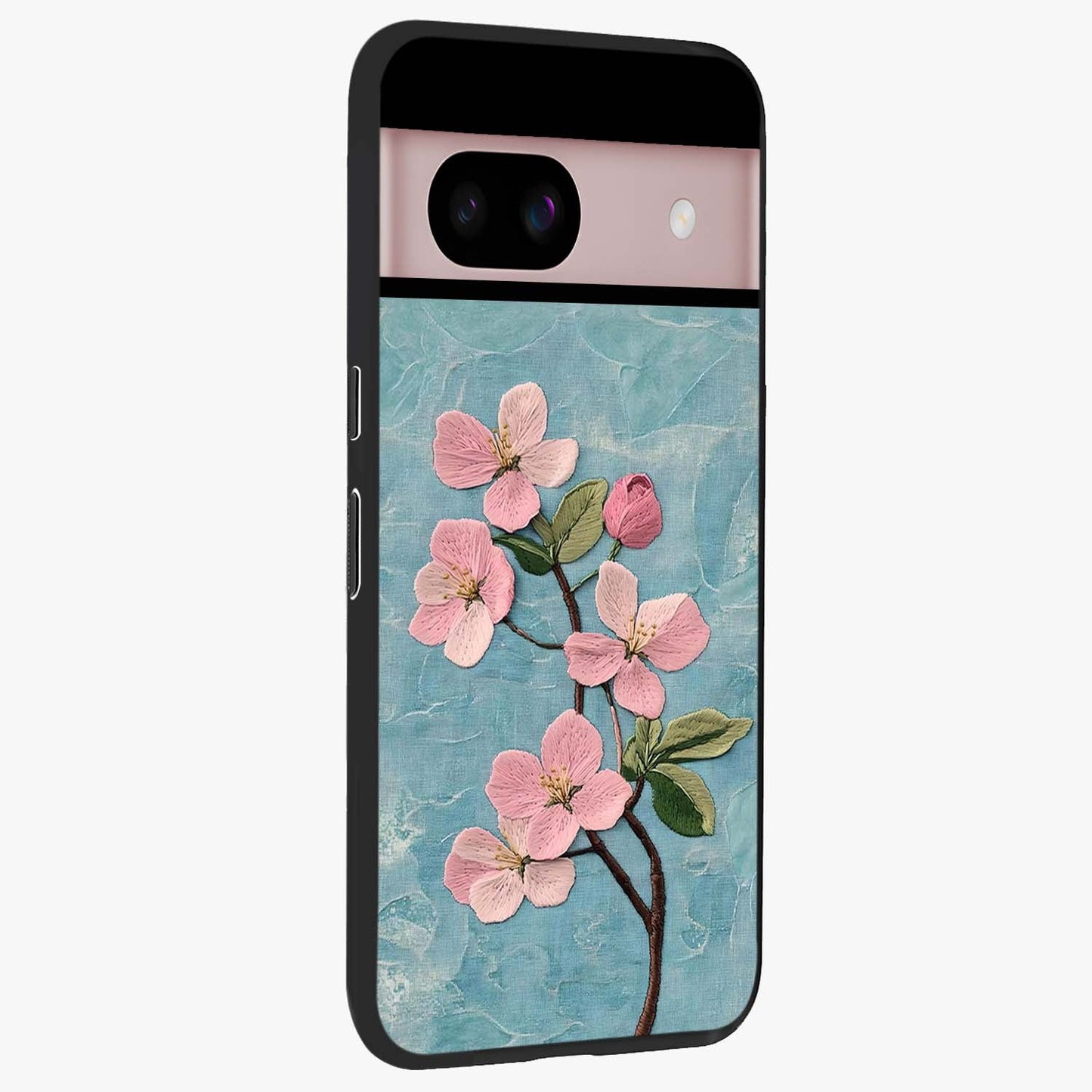 Threaded Blossom Breeze Glass Case upright view showcasing graceful flower artwork with calm botanical theme.