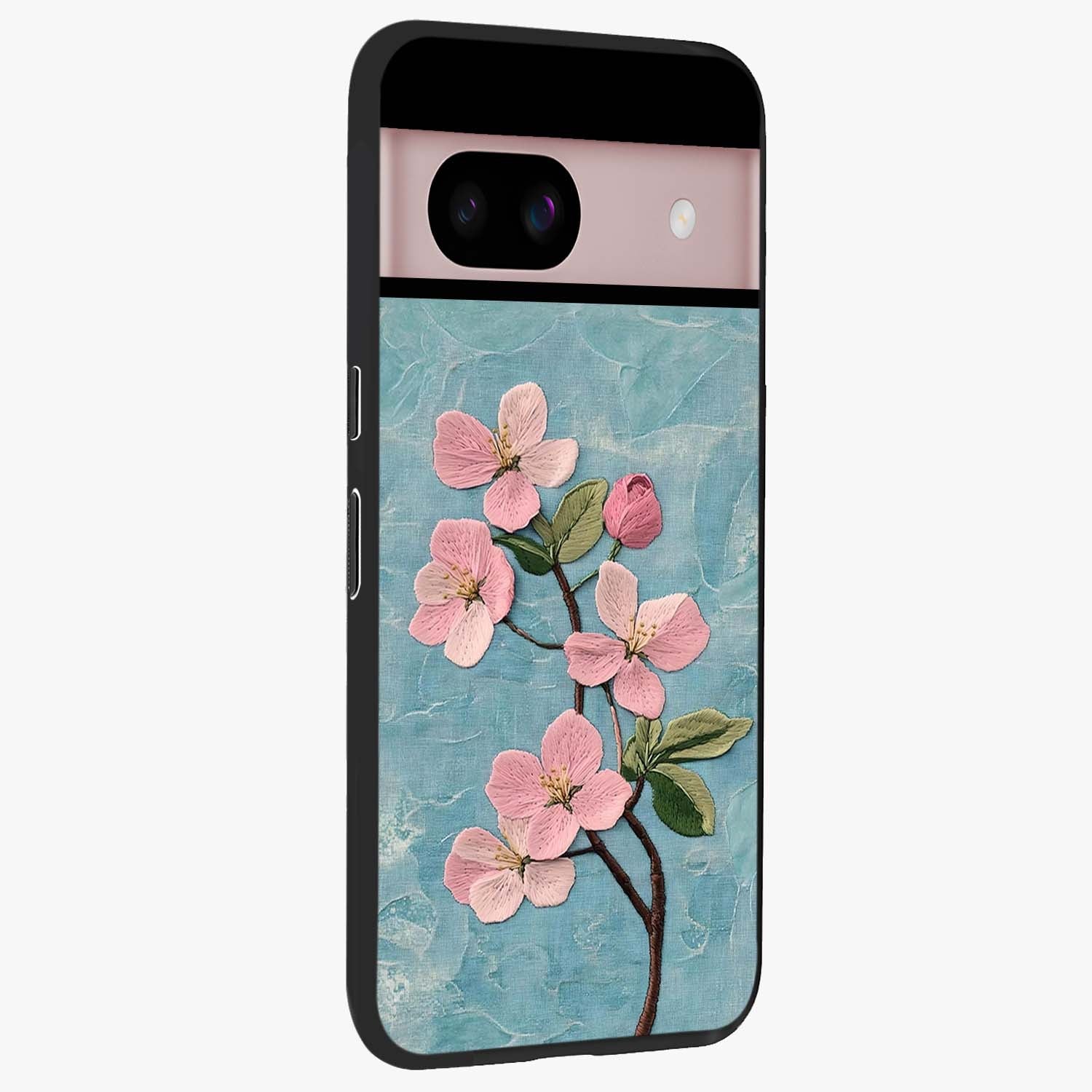 Threaded Blossom Breeze Glass Case upright view showcasing graceful flower artwork with calm botanical theme.