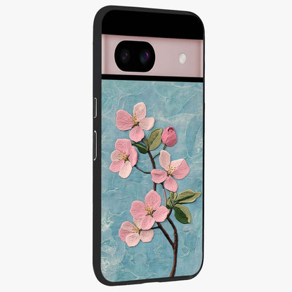 Threaded Blossom Breeze Glass Case upright view showcasing graceful flower artwork with calm botanical theme.
