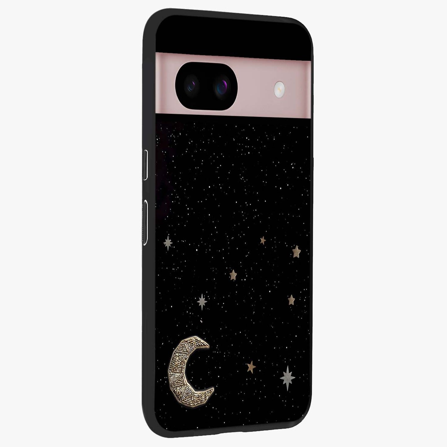 Twinkle Star With Half Moon Glass Case upright view showcasing glowing cosmic artwork with dreamy night theme.