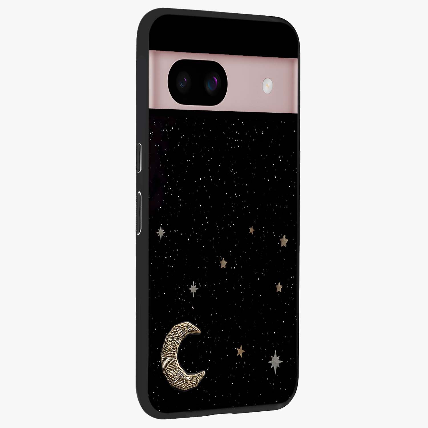 Twinkle Star With Half Moon Glass Case upright view showcasing glowing cosmic artwork with dreamy night theme.
