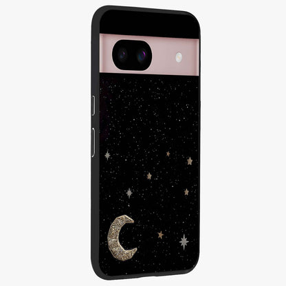 Twinkle Star With Half Moon Glass Case upright view showcasing glowing cosmic artwork with dreamy night theme.