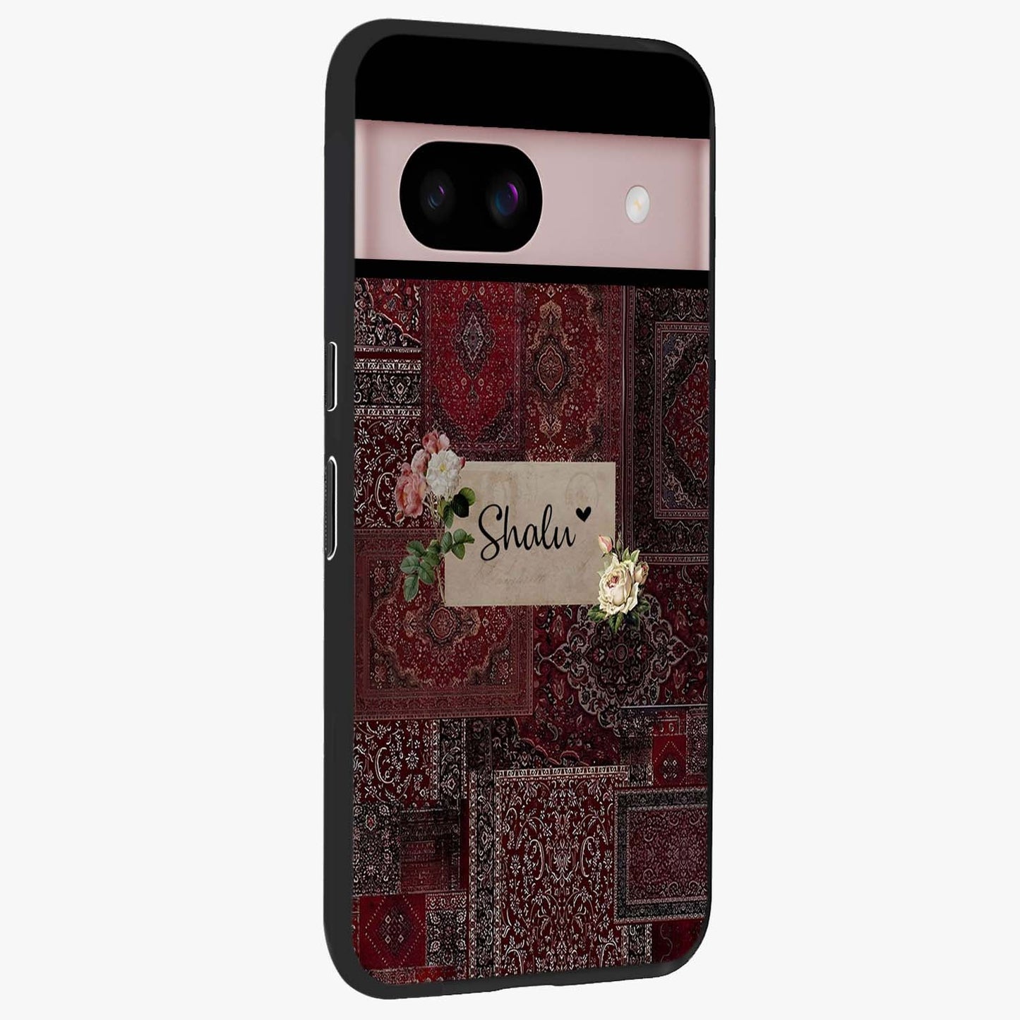 Velvet Wine Pattern Custom Name Glass Case upright view showcasing luxurious wine toned artwork with personalized aesthetic.