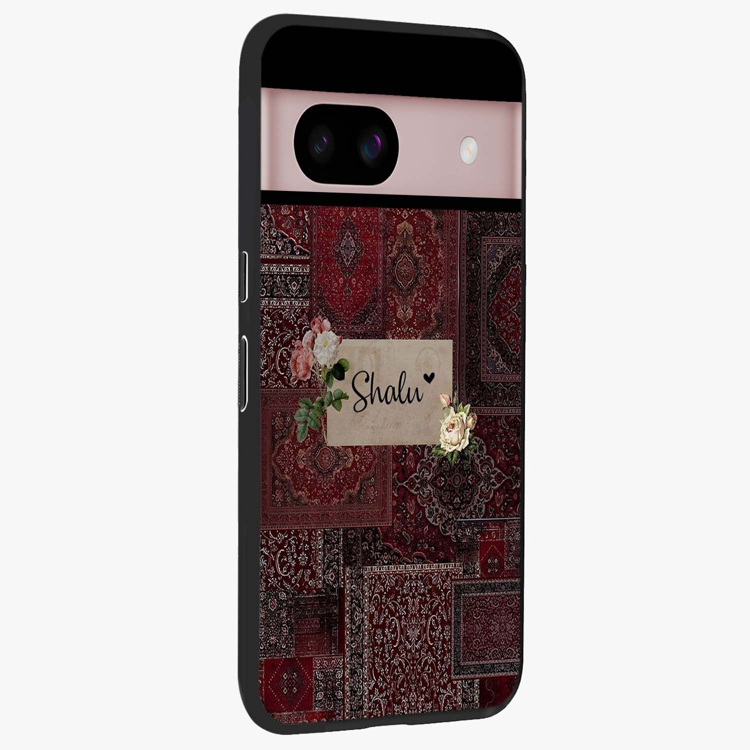 Velvet Wine Pattern Custom Name Glass Case upright view showcasing luxurious wine toned artwork with personalized aesthetic.