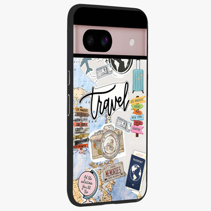 Wanderlust Journal Glass Case upright view showcasing wanderlust inspired artwork with creative exploration theme.