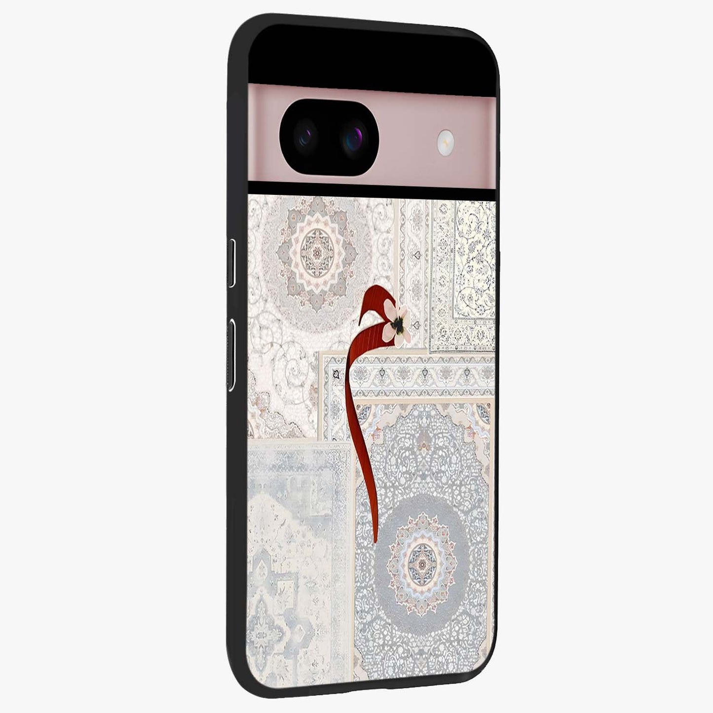 White Aesthetic Bow Glass Case upright view showcasing delicate ribbon bow artwork with cute minimalist theme.