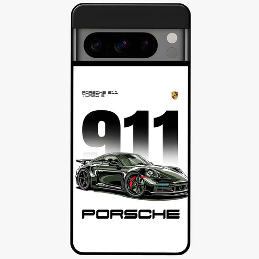 911 Turbo Dominance Glass Case showing clean flat back view with bold 911 sports car artwork and glossy glass finish.