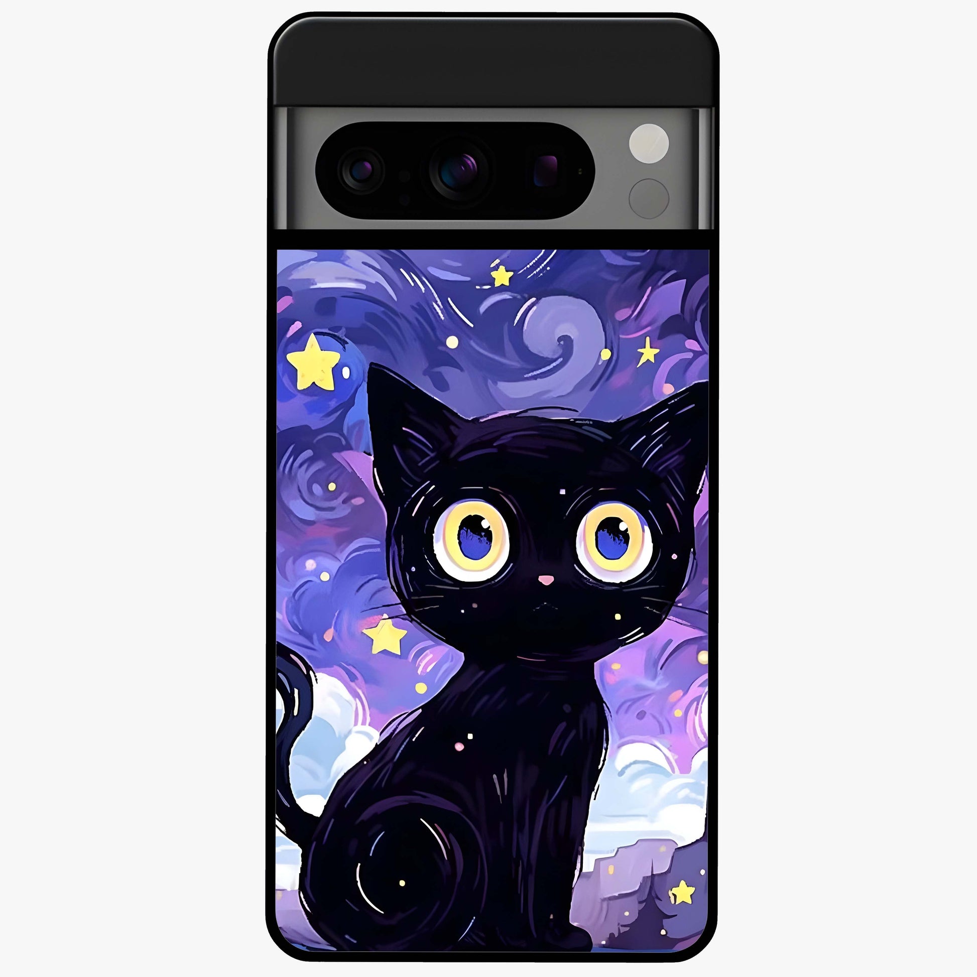 Abstract Cat Art Glass Case showing flat back view with artistic cat illustration and glossy glass finish.