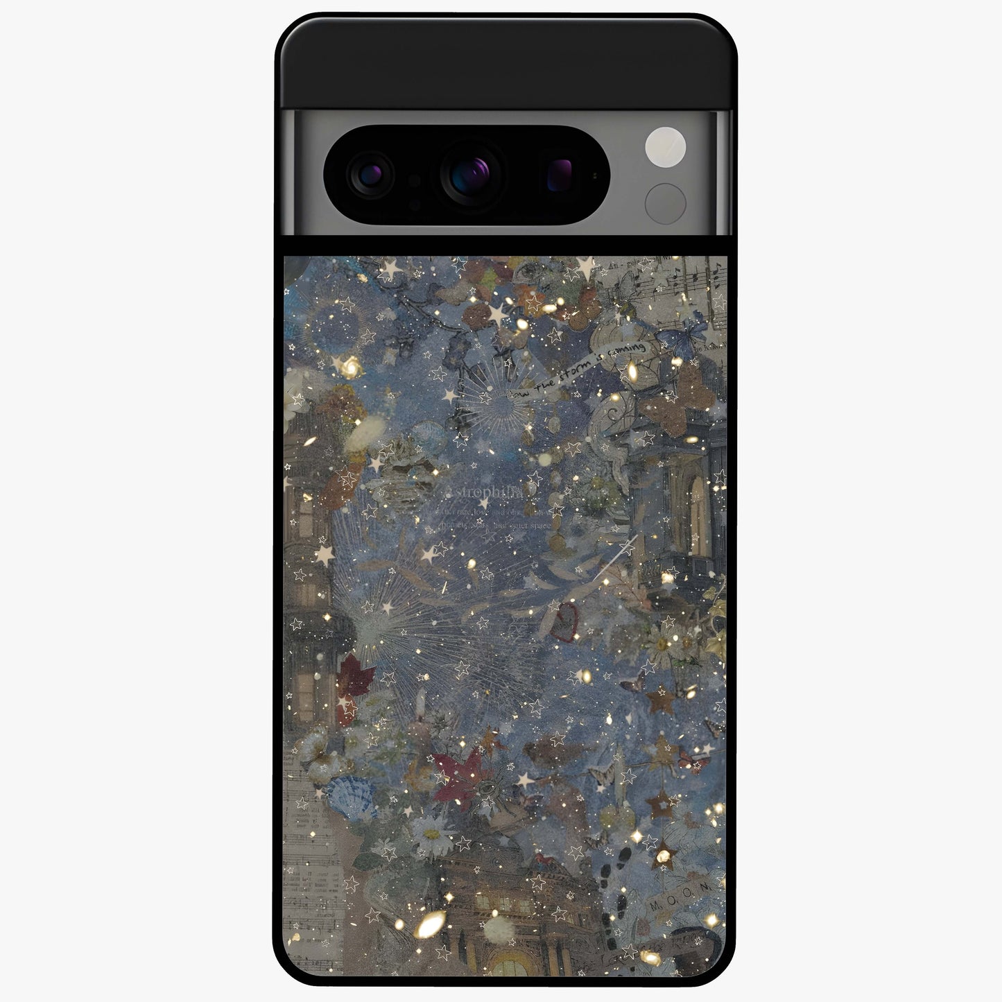 Aesthetic Astrolophia Glass Case showing flat back view with dreamy aesthetic design and glossy glass finish.