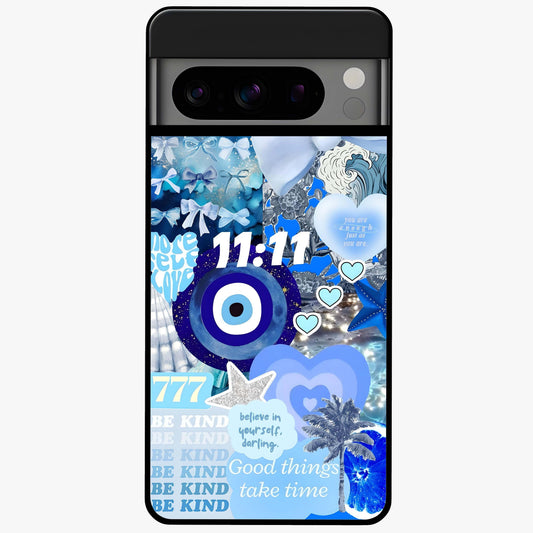 Aesthetic Be Kind Eye Glass Case showing flat back view with motivational eye artwork and glossy glass finish.
