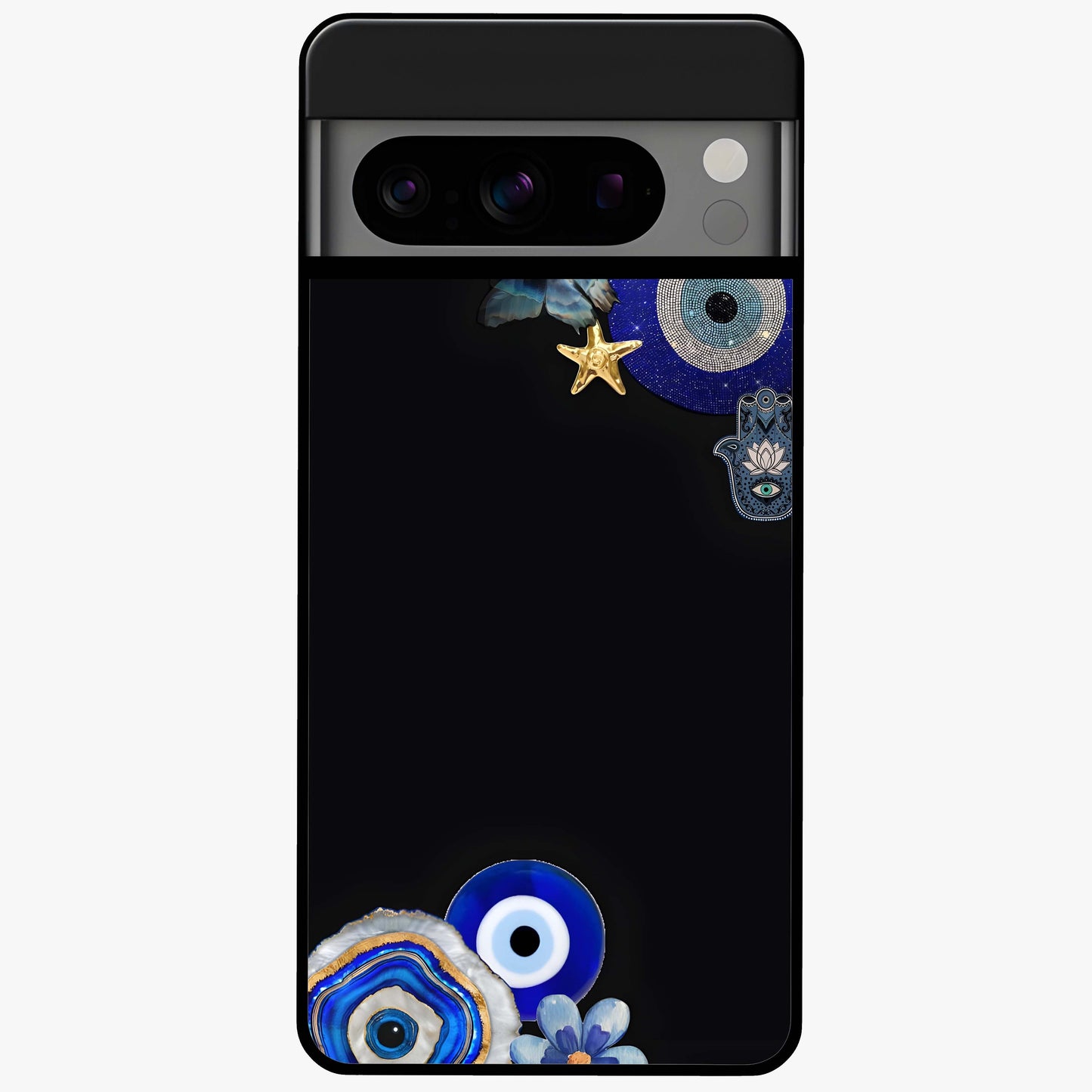Aesthetic Blue Evil Eye Glass Case showing flat back view with protective evil eye artwork and glossy glass finish.