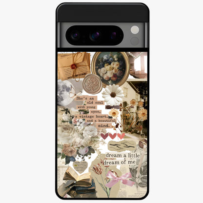Aesthetic Brown Vintage Collage Glass Case showing flat back view with retro collage artwork and glossy glass finish.