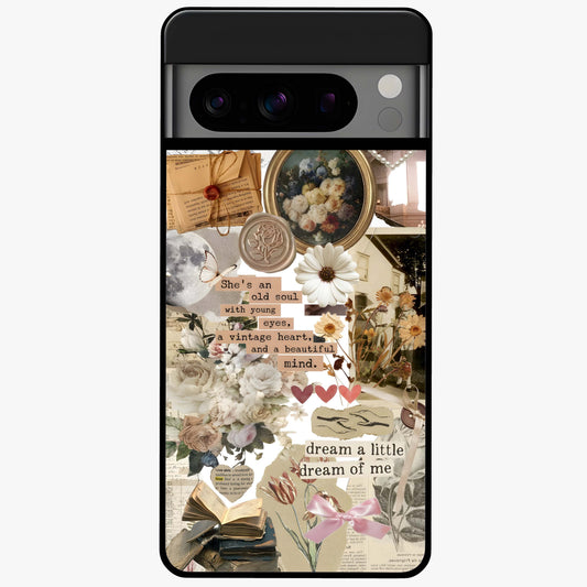 Aesthetic Brown Vintage Collage Glass Case showing flat back view with retro collage artwork and glossy glass finish.