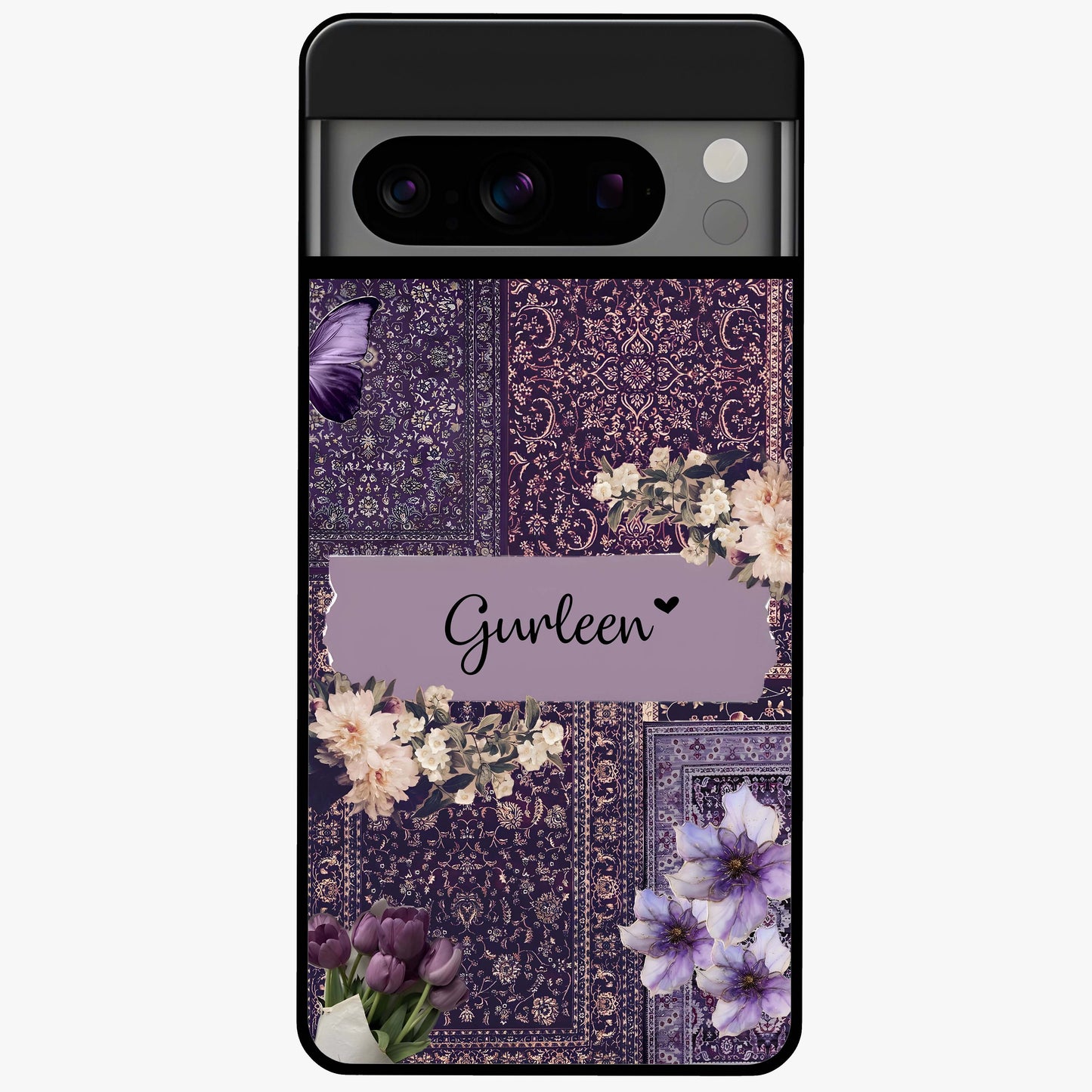 Antique Floral Whisper Custom Name Glass Case showing flat back view with vintage floral artwork and personalized name design.