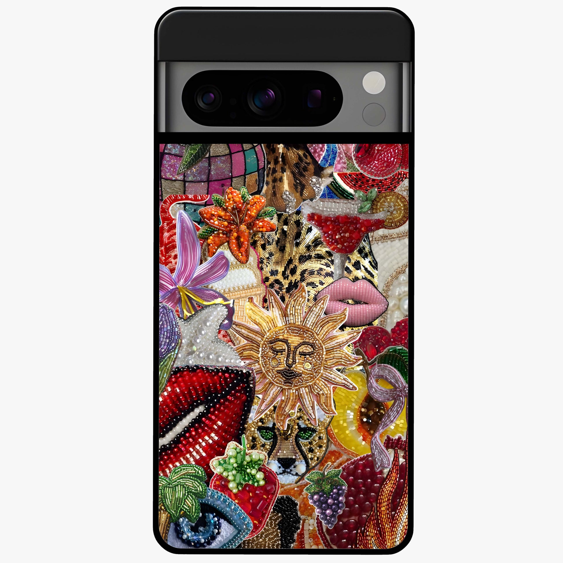 Beaded Fashion Jungle Glass Case showing flat back view with vibrant jungle inspired bead artwork and glossy glass finish.