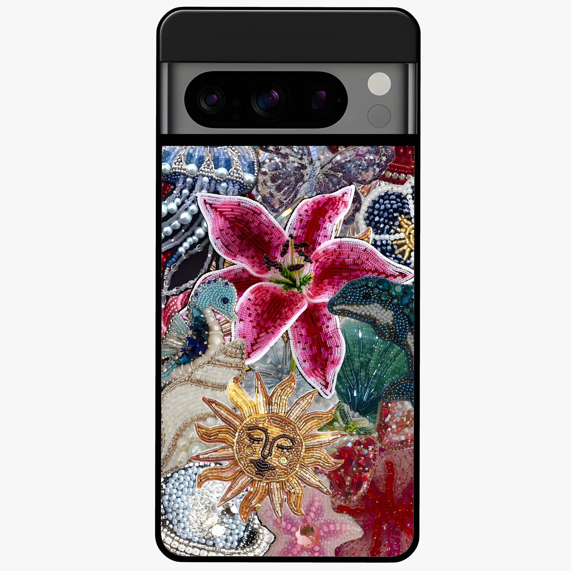 Beaded Garden Fantasy Glass Case showing flat back view with dreamy garden bead artwork and glossy glass finish.