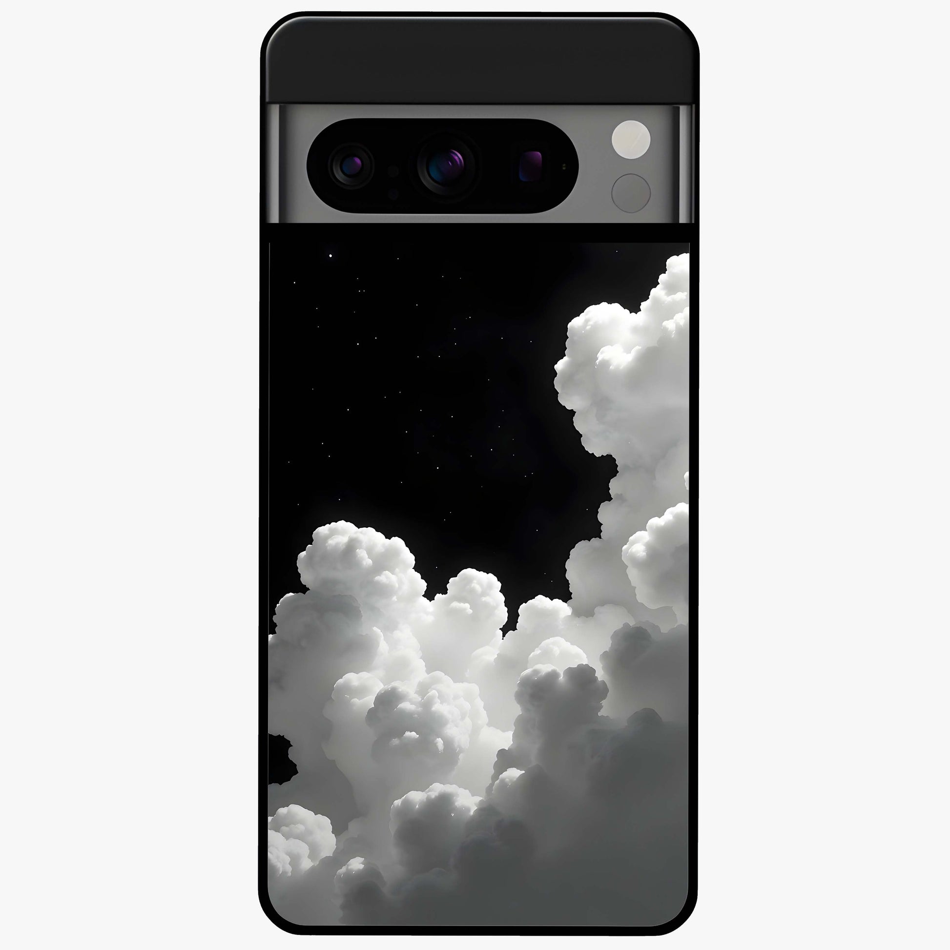 Black Background With White Cloud Glass Case showing flat back view with minimal cloud artwork on dark background and glossy glass finish.