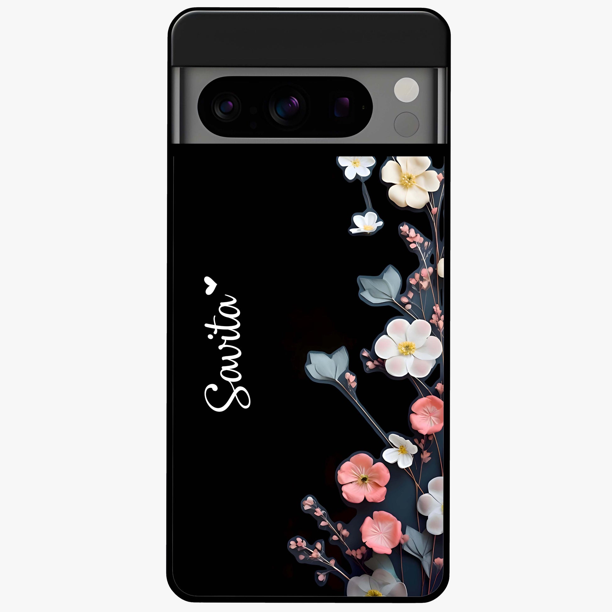 Black Elegance Floral Custom Name Glass Case showing flat back view with elegant floral artwork and personalized name design.
