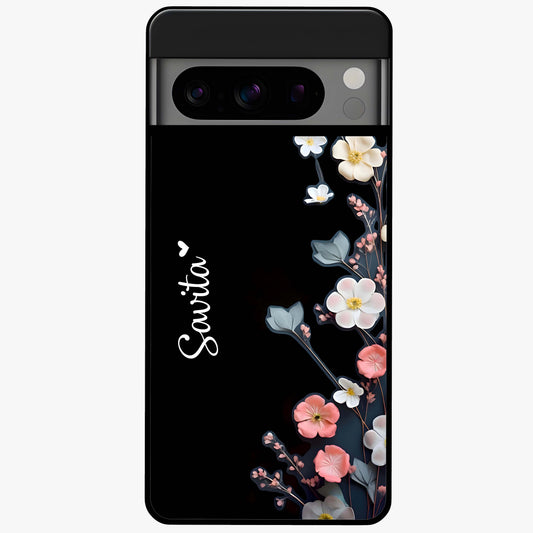 Black Elegance Floral Custom Name Glass Case showing flat back view with elegant floral artwork and personalized name design.