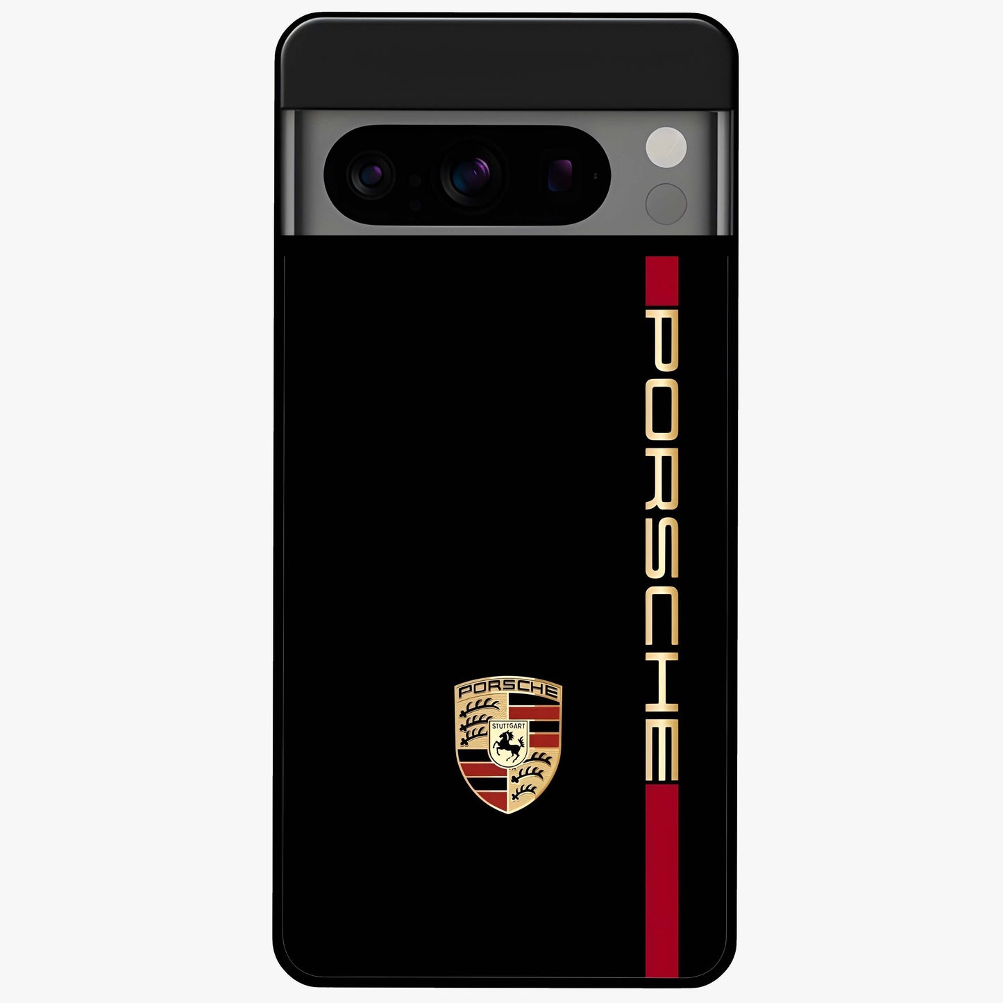 Black Minimal Porsche Glass Case showing flat back view with sleek minimal sports car artwork and glossy glass finish.