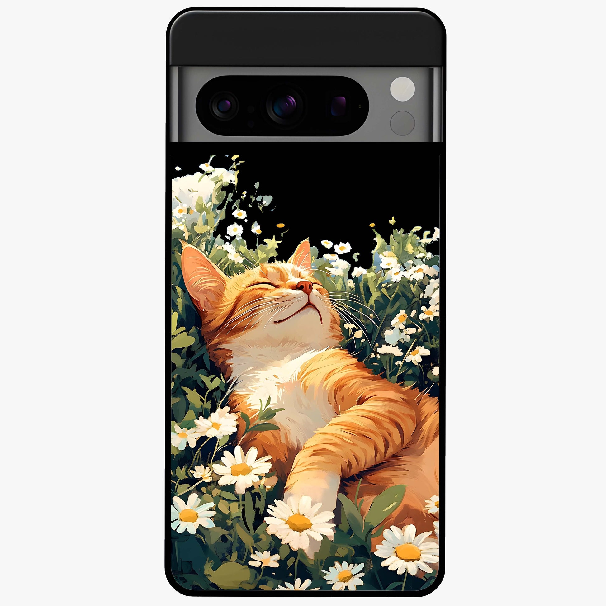 Blissful Bloom Cat Glass Case showing flat back view with cute cat and floral bloom artwork and glossy glass finish.