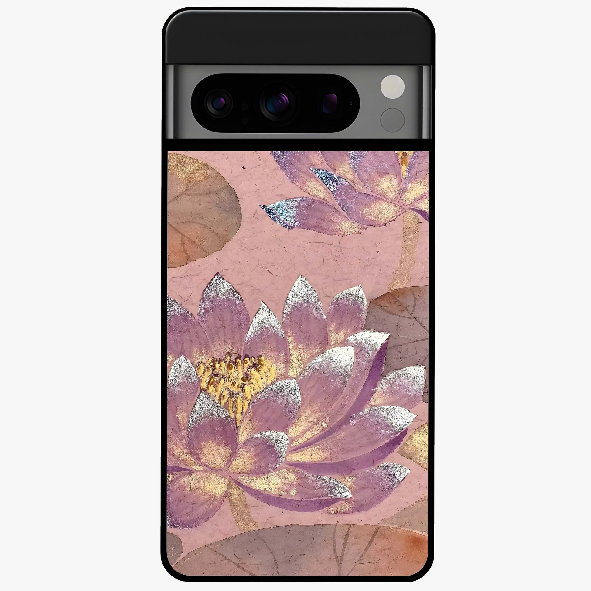 Blossom Mist Lotus Glass Case showing flat back view with serene lotus blossom artwork and glossy glass finish.