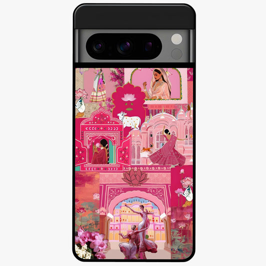 Blossoms of Rajasthan Glass Case showing flat back view with traditional floral artwork inspired by Rajasthan and glossy glass finish.