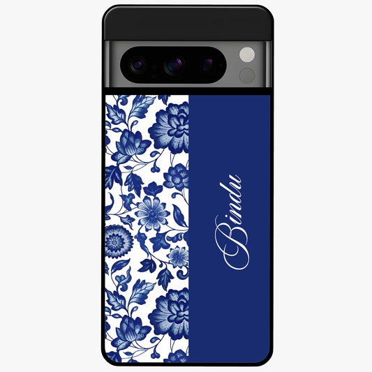 Blue Vintage Floral Pattern Glass Case upright view showcasing timeless floral illustration with vintage inspired style.