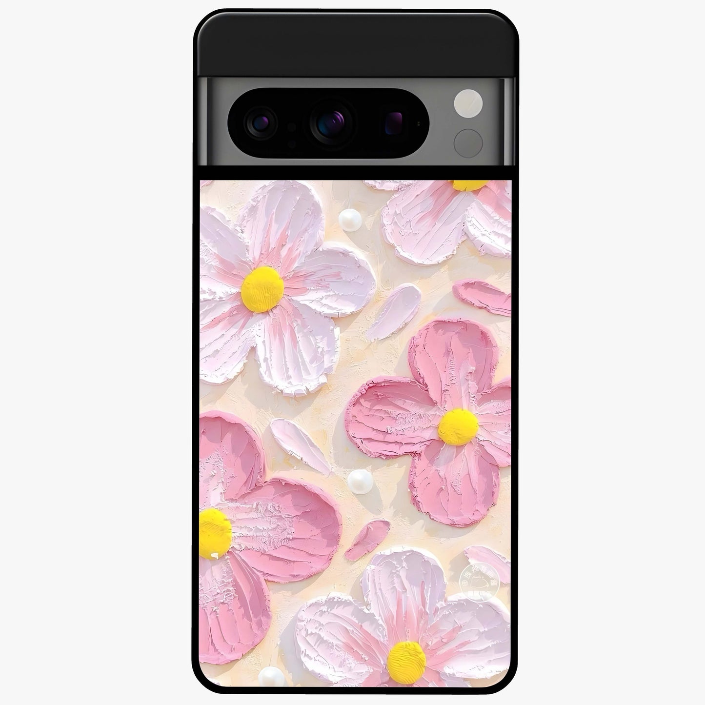 Blush Bloom Texture Glass Case showing flat back view with soft blush floral texture artwork and glossy glass finish.