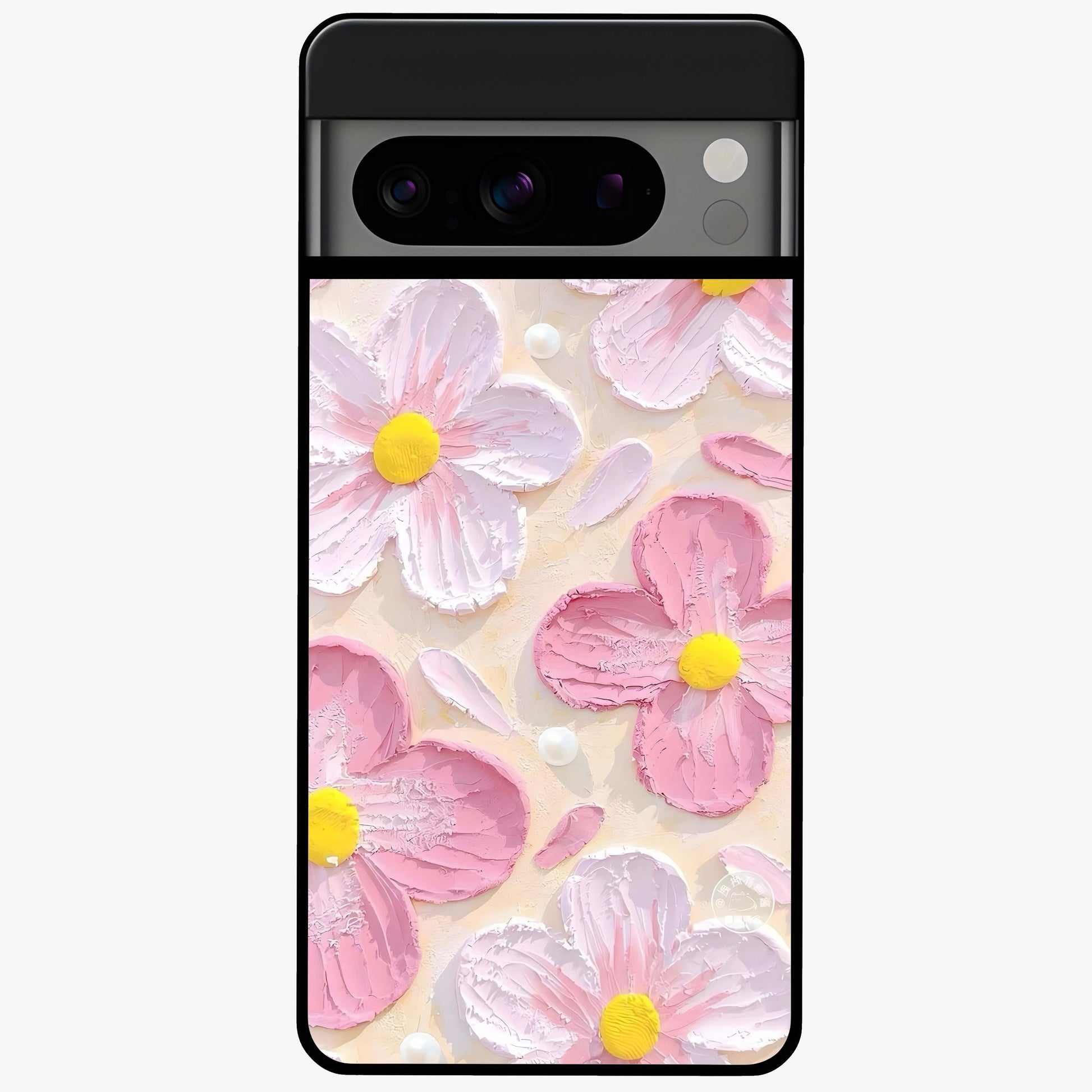 Blush Bloom Texture Glass Case showing flat back view with soft blush floral texture artwork and glossy glass finish.