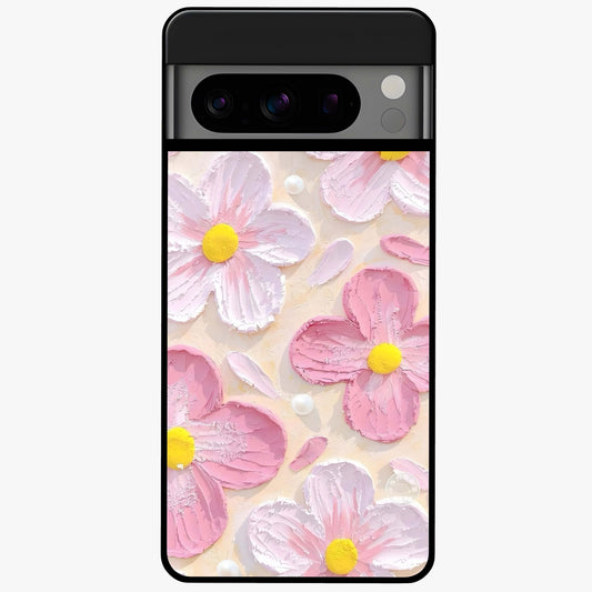 Blush Bloom Texture Glass Case showing flat back view with soft blush floral texture artwork and glossy glass finish.