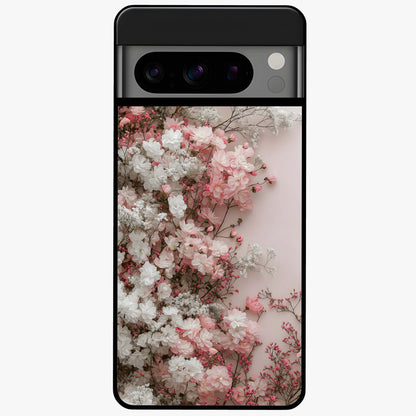 Blush Blossom Cloud Glass Case showing flat back view with dreamy blush cloud blossom artwork and glossy glass finish.