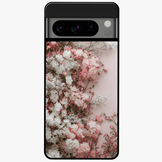 Blush Blossom Cloud Glass Case showing flat back view with dreamy blush cloud blossom artwork and glossy glass finish.