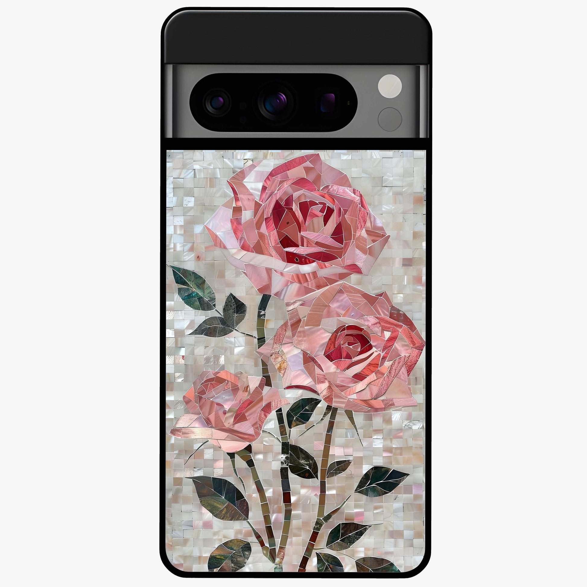 Blush Mosaic Bloom Glass Case showing flat back view with mosaic floral bloom artwork and glossy glass finish.