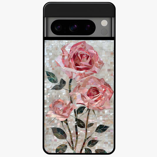 Blush Mosaic Bloom Glass Case showing flat back view with mosaic floral bloom artwork and glossy glass finish.