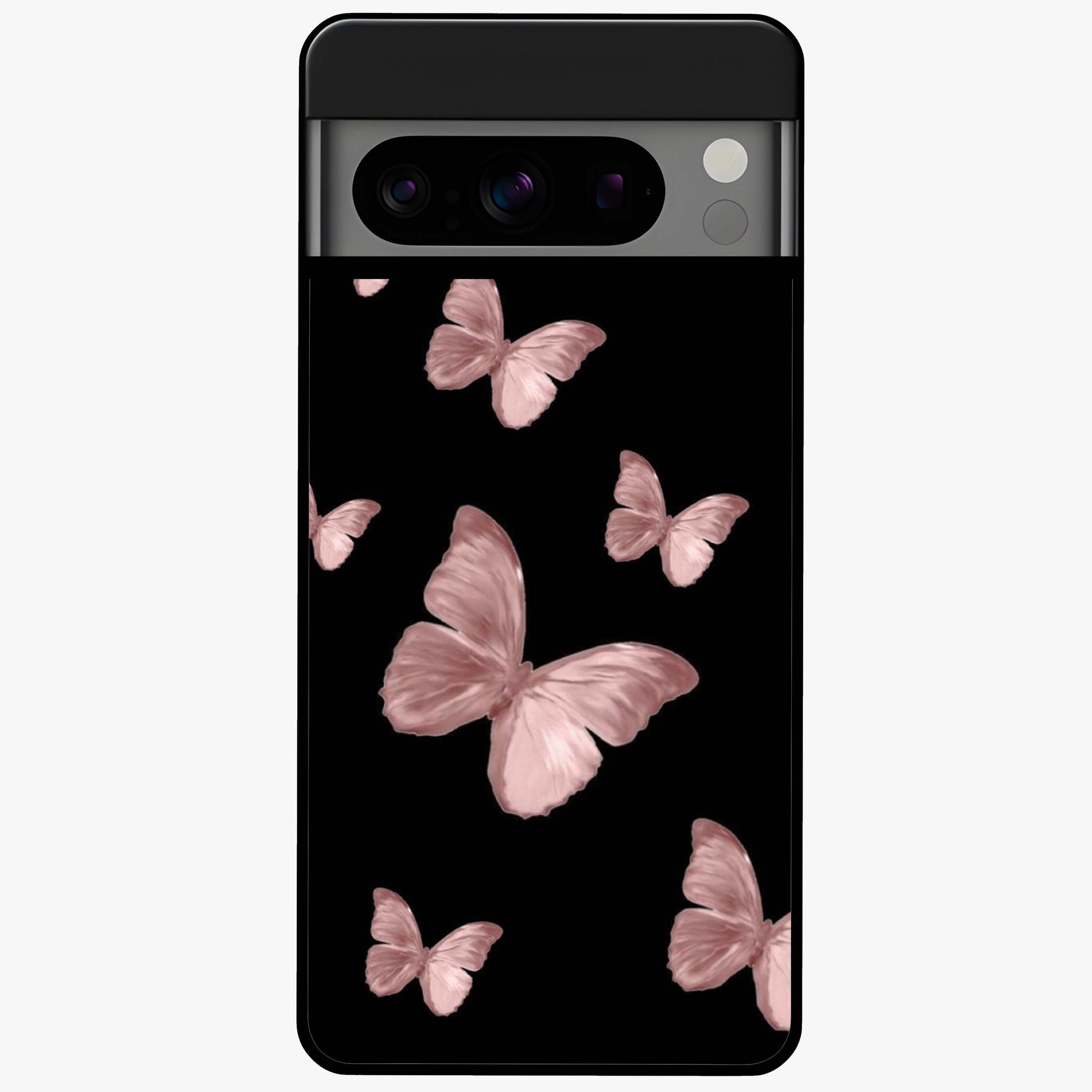 Butterfly Pattern Glass Case showing flat back view with elegant butterfly pattern artwork and glossy glass finish.