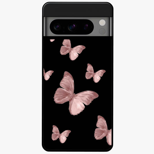 Butterfly Pattern Glass Case showing flat back view with elegant butterfly pattern artwork and glossy glass finish.
