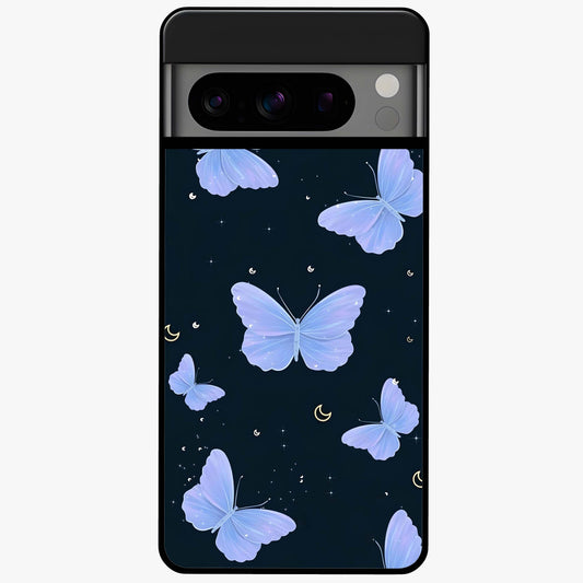 Butterfly With Stars Pattern Glass Case showing flat back view with butterfly and star pattern artwork and glossy glass finish.