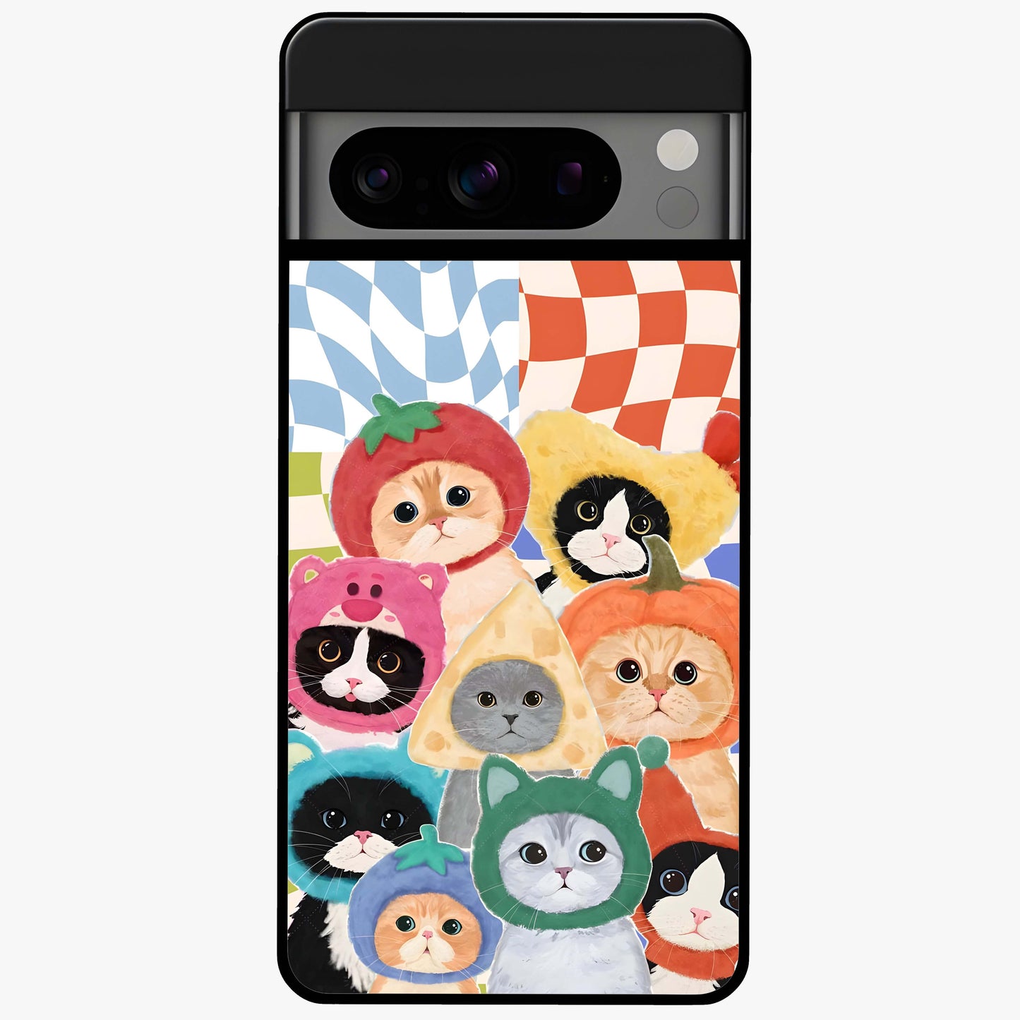 Cats in Fruits Glass Case showing flat back view with playful cat illustrations inside fruit artwork and glossy glass finish.