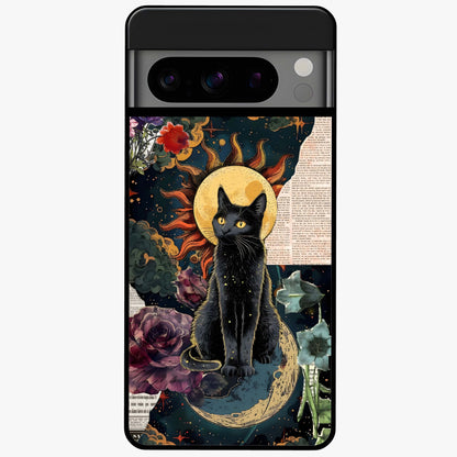 Celestial Black Cat Glass Case showing flat back view with mystical black cat artwork and glossy glass finish.