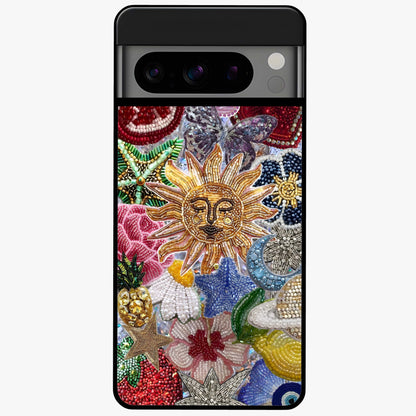Celestial Floral and Playful Glass Case showing flat back view with floral and celestial themed artwork and glossy glass finish.