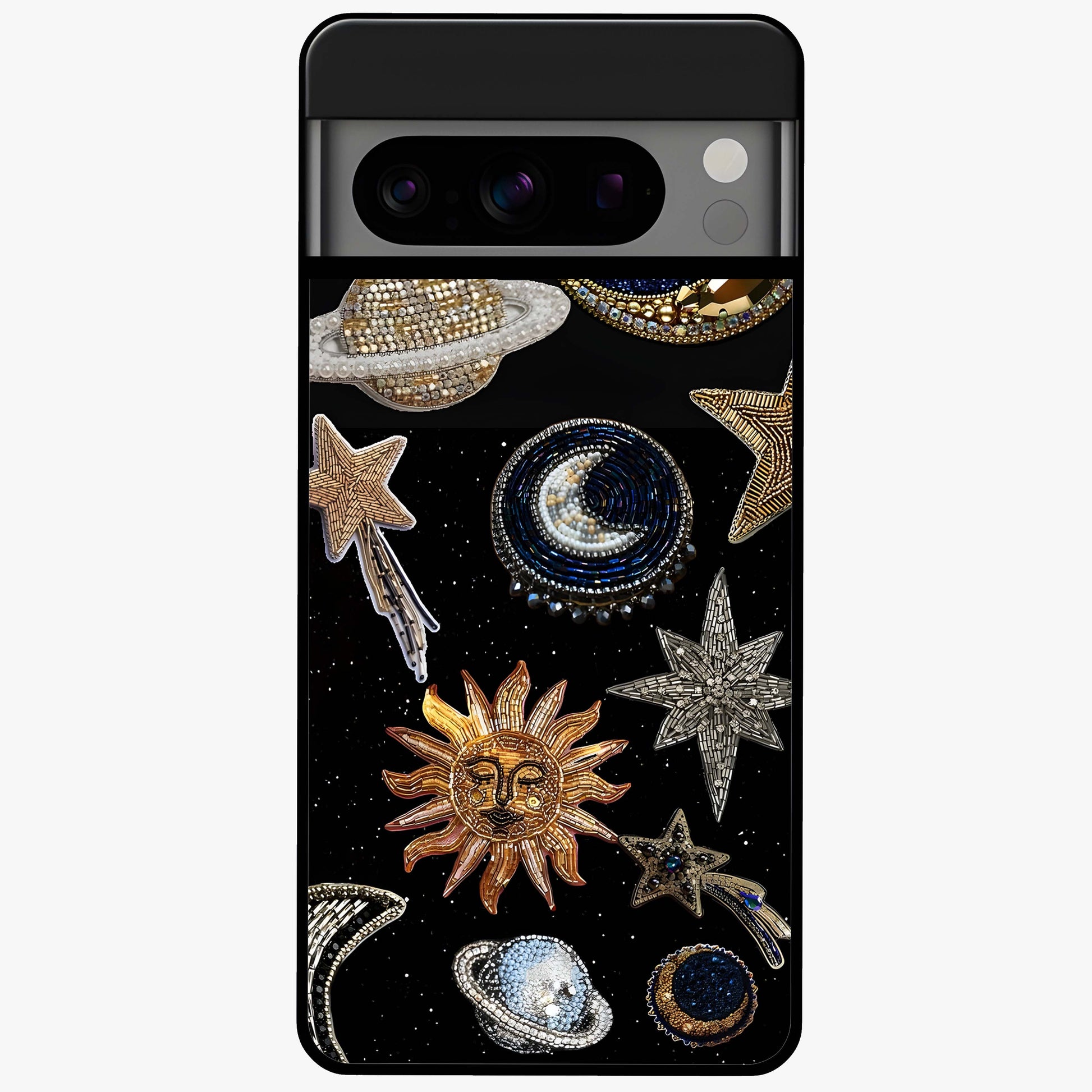 Celestial Gem Constellations Glass Case showing flat back view with sparkling constellation artwork and glossy glass finish.