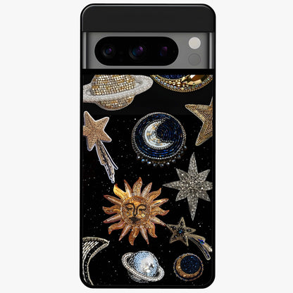 Celestial Gem Constellations Glass Case showing flat back view with sparkling constellation artwork and glossy glass finish.