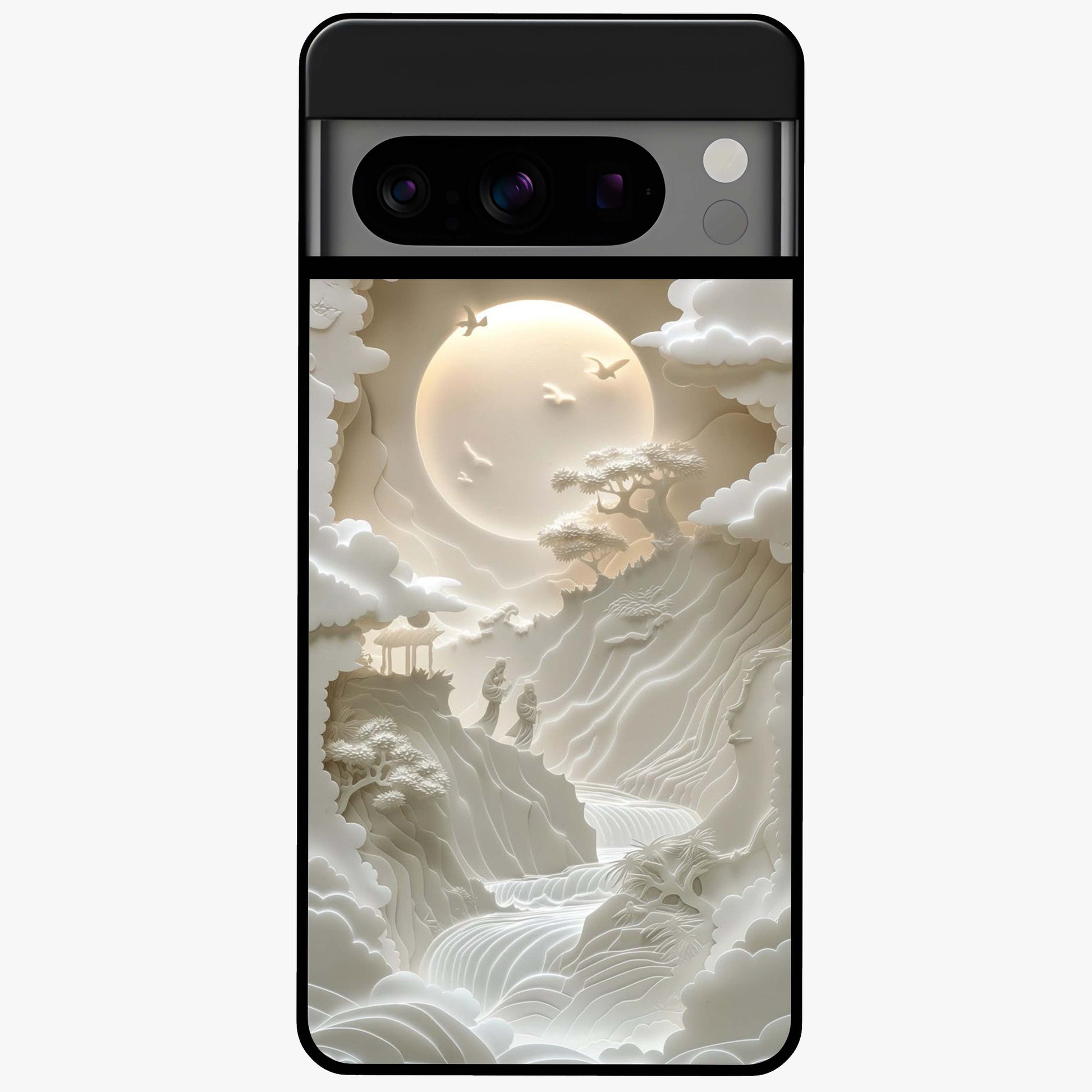 Celestial Origami Glass Case showing flat back view with artistic origami inspired celestial artwork and glossy glass finish.