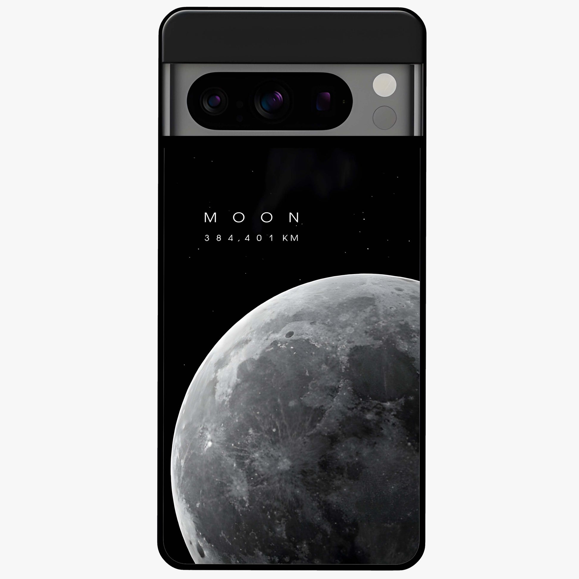 Cosmic Moon Glow Glass Case showing flat back view with glowing moon artwork and glossy glass finish.