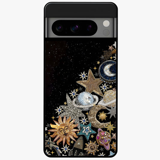 Cosmic Sparkle Dreams Glass Case showing flat back view with sparkling cosmic artwork and glossy glass finish.