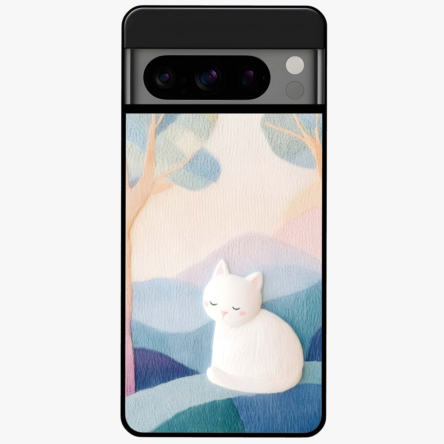 Cotton Dream Cat Glass Case showing flat back view with soft dreamy cat artwork and glossy glass finish.