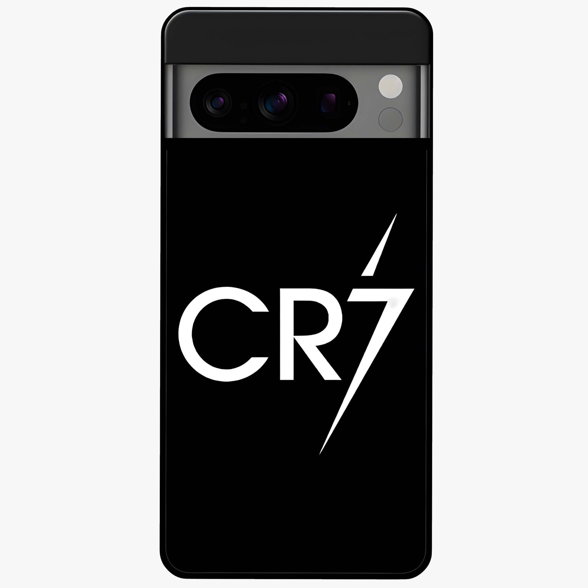 Cr7 Elite Strike Glass Case showing flat back view with dynamic football inspired artwork and glossy glass finish.