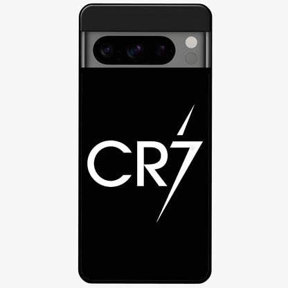 Cr7 Elite Strike Glass Case showing flat back view with dynamic football inspired artwork and glossy glass finish.